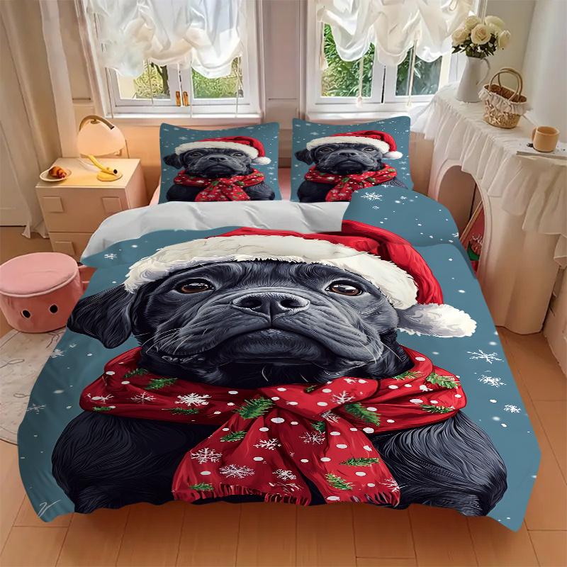 3pc Christmas Pug Dog Santa Hat & Scarf Holiday Home Decor Bedding Set Daily Use 1149a