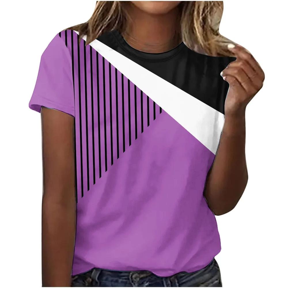 Sommer Mode T-Shirt Damen Einfach Diagonale Streifen 3D Gedruckt Street Casual Harajuku T-Shirt Damen Rundhals T-Shirt Oberteile Kleidung