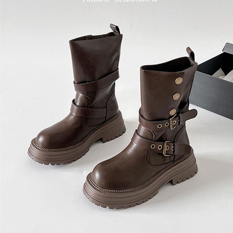 Thick-soled heightening Maillard brown medium tube short boots for children's new autumn thin British Martin boots for women