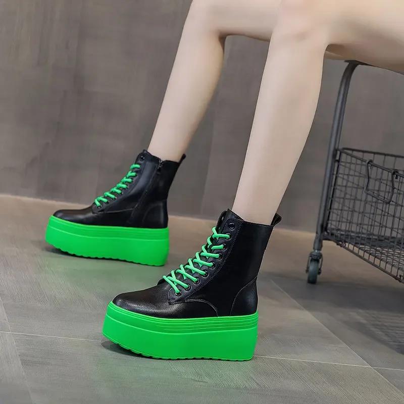 Fashion Hot Sales 8CM Non-slip Genuine Leather Platform Wedge Sneakers Super High Motorcycle Ankle Boots Autumn Winter Plush Women Shoes