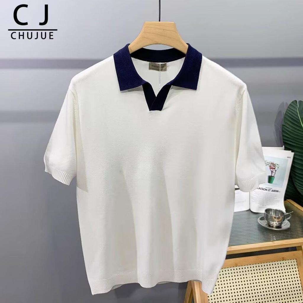 Men's Korean Style Loose Knit Polo Shirt, Short-Sleeved, Summer Contrast Lapel Design