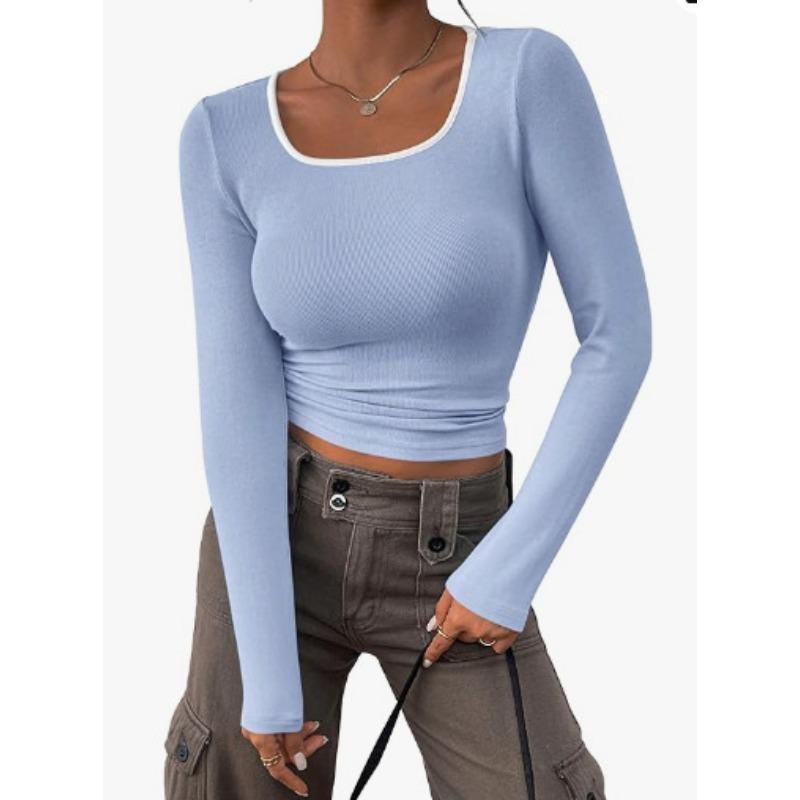 Women's Spring and Autumn Long-sleeved Scoop Neck Slim Ribbed Knit T-shirt Color-blocked Shirt