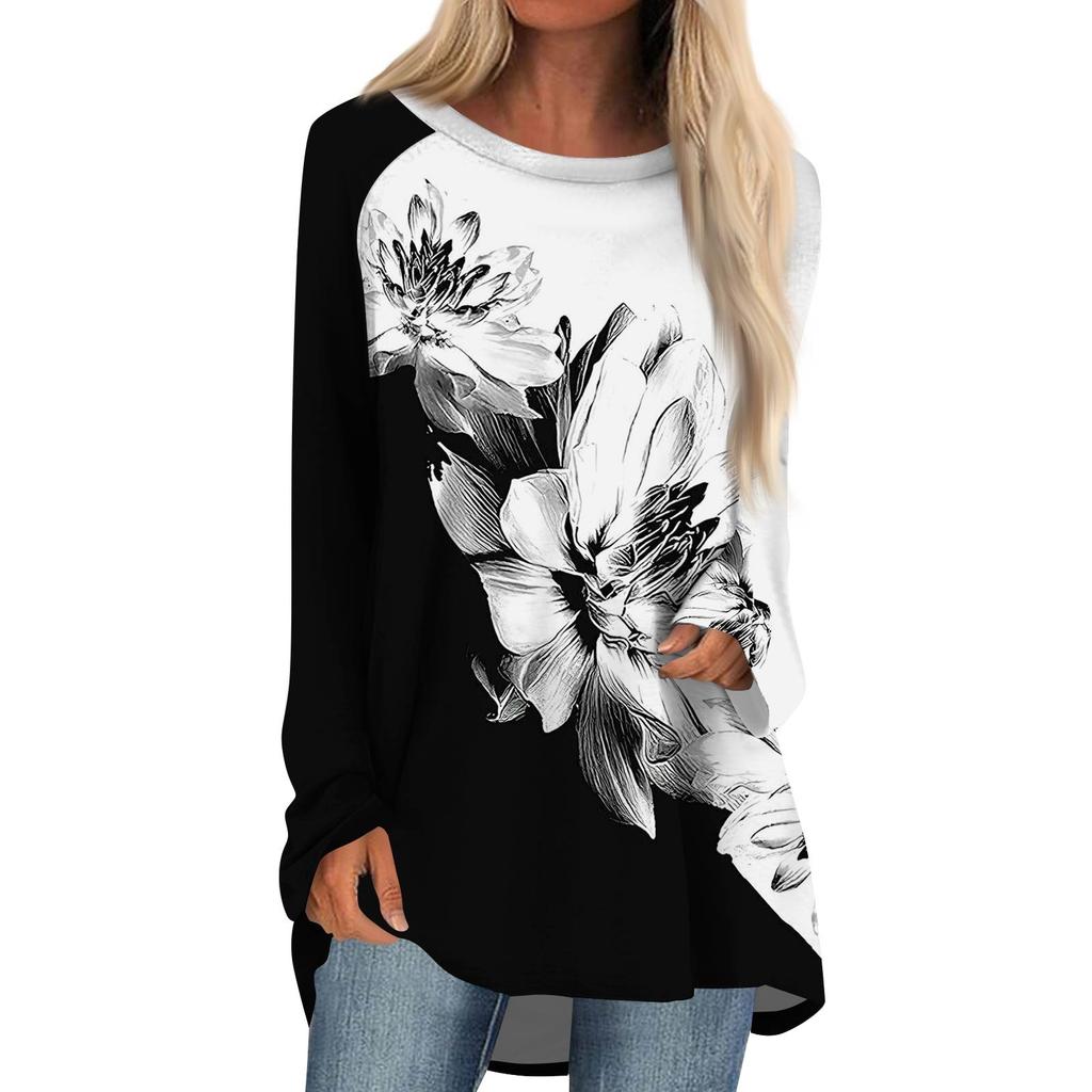 Women's Fashion Casual Long Sleeve  Print Round Neck Pullover Top Blouse