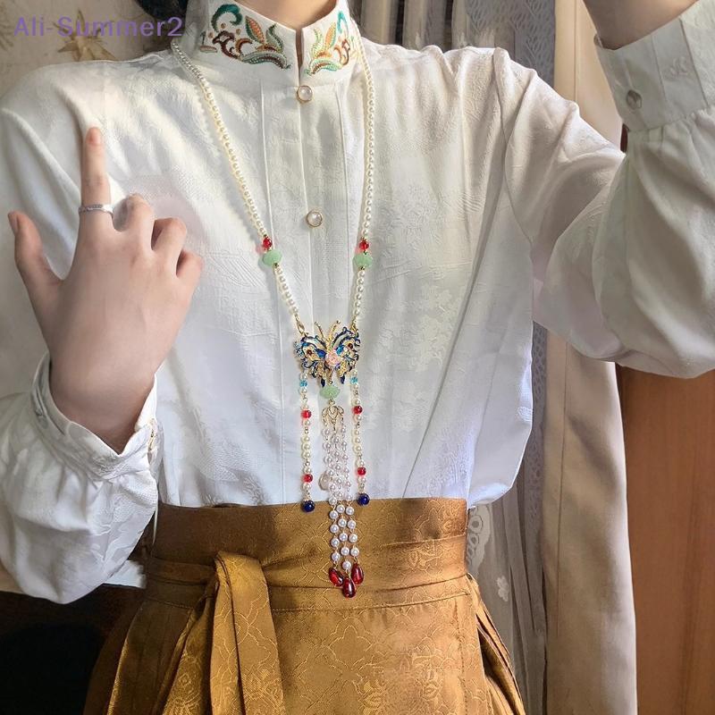 {Summer2} Hanfu Tassels Necklace Long Chain Vintage Chinese Necklace Tang Ming Dynasty Hanfu Pendant Necklace For Women Girl
