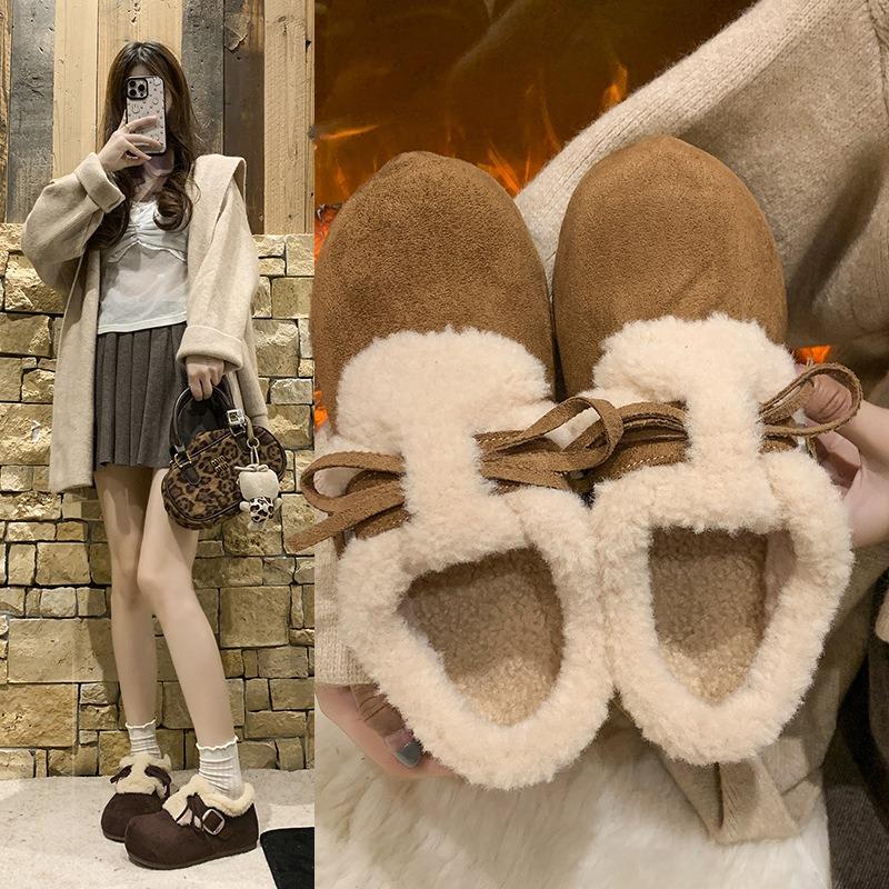 Damen Herbst- und Winter-Neuheiten mit flachem Boden, innen erhöhend, zum Schnüren, retro, flauschige Loafer, Baumwollschuhe und Plüsch-Schneestiefel