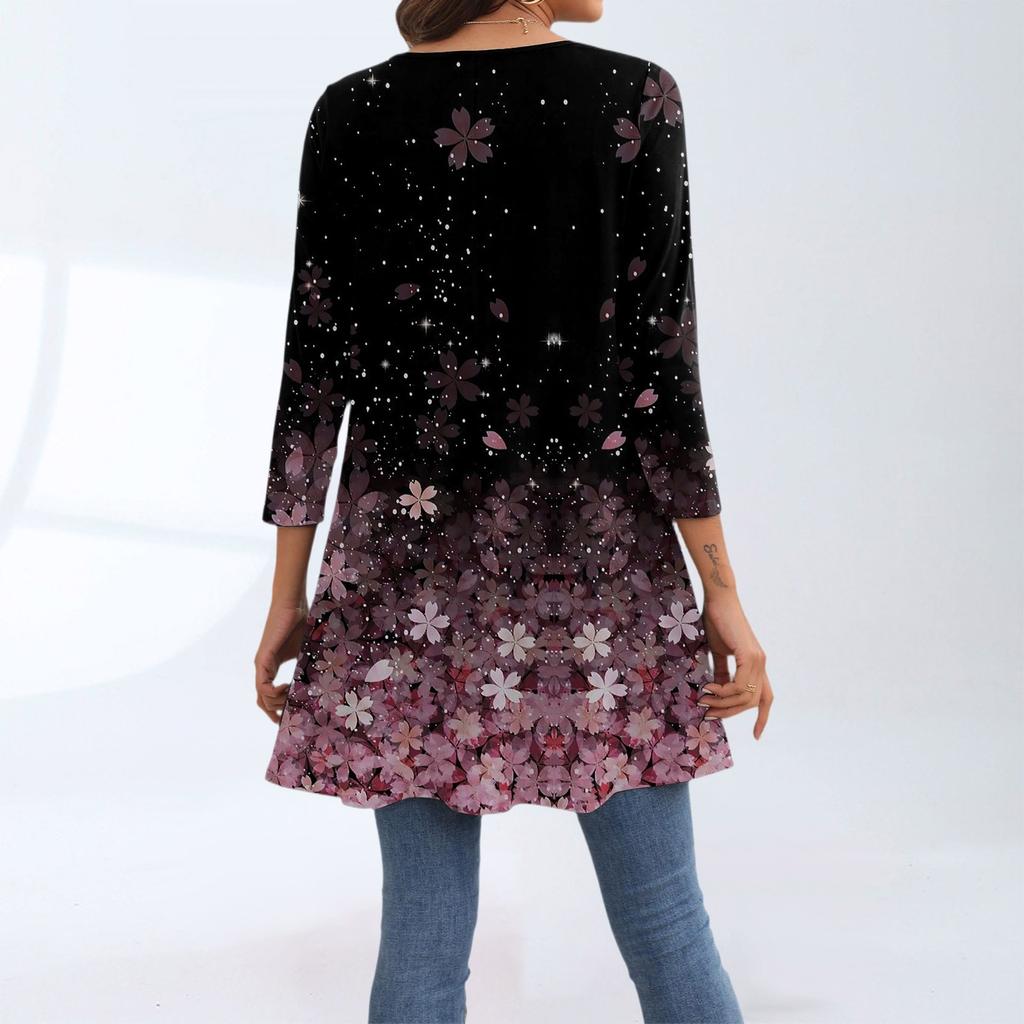 Dámský módní ležérní top s tříčtvrtečním rukávem a dlouhým rukávem, s květinovým potiskem a kulatým výstřihem