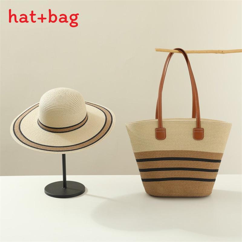 Woven Sun Hat And Large Capacity Straw Tote With Striped Pattern For Travel And Casual Wear