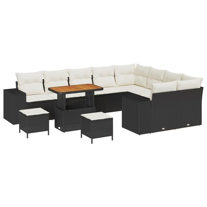 Ensemble Canapés de Jardin 12 pièces avec Coussins Rattan PE Noir Acacia, Ensemble Salle à Manger Jardin 3 pièces 3362045