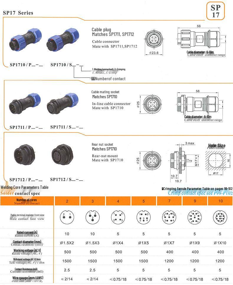 Weipu IP68 Waterproof Aviation Connector Socket SP1710/SP1711 [2-10 Pins] Mating Type