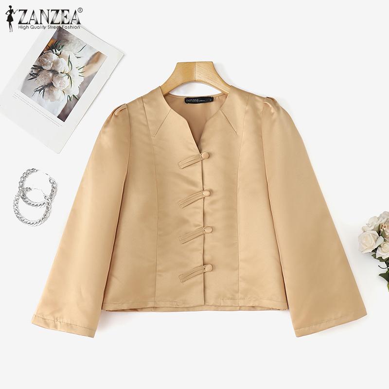 ZANZEA Kvinner Casual V-hals Ensfarget 3/4 Ermet Bluse