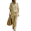 Women Two Piece Set Loose Fit Short Sleeve Shirt with Button Detail and Wide Leg Pants Casual Outfit for Everyday Wear