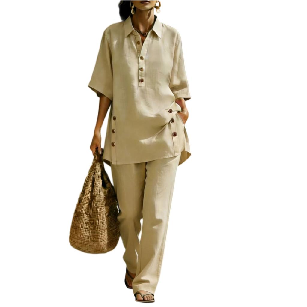 Women Two Piece Set Loose Fit Short Sleeve Shirt with Button Detail and Wide Leg Pants Casual Outfit for Everyday Wear