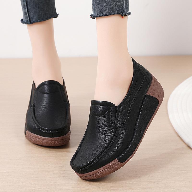 Fashion Women Platform Shoes PU Leather Wedge Heels Waterproof Loafers Non-slip Casual Walking Shoes Slip-on Mother Shoes