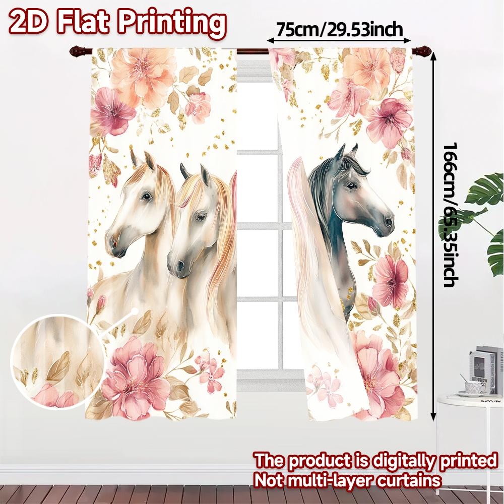 2D Flat Printing  JIT 2pcs   Curtains (Without Rod) Equine Celebration Popular Creative Curtains Semi-Sheer Curtains Holiday