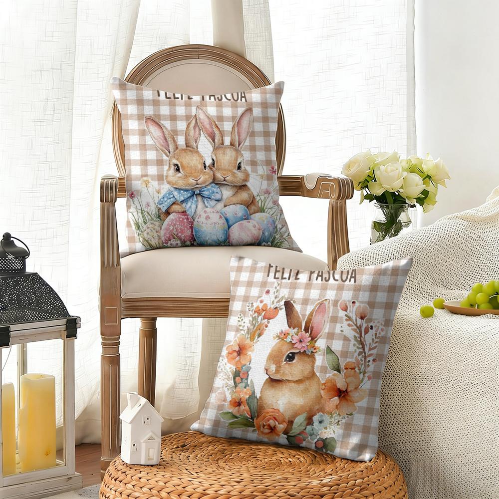 1Pc Easter Cute Bunny Cushion Cover Cool Natural Linen Cushion Cover Double-Sided Print Breathable Sofa Home Decor