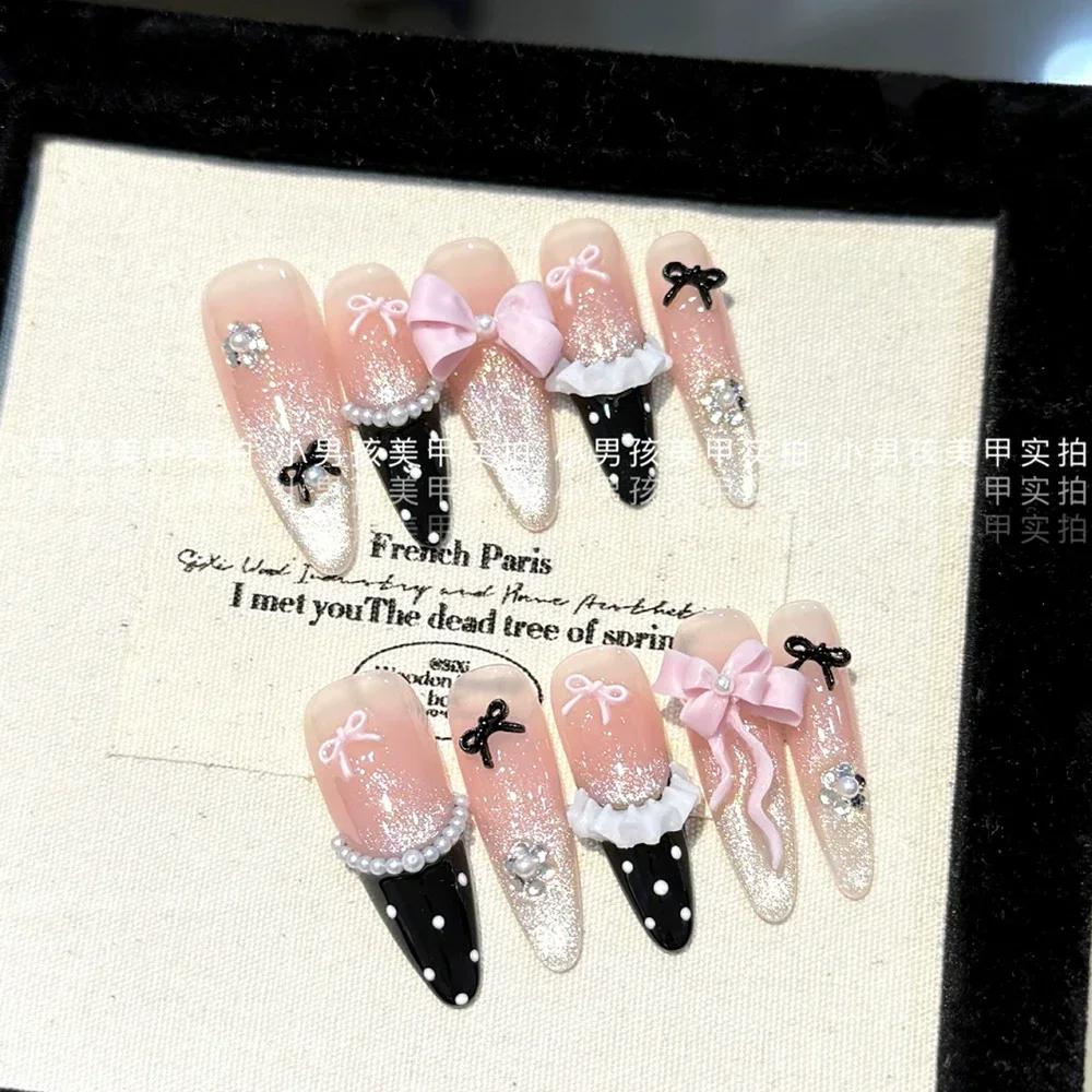 10Pcs Luxury Handmade Long Stiletto Press On Nails 3D Sparkling Diamond Bow Pearl Flower Full Cover Fake Nails