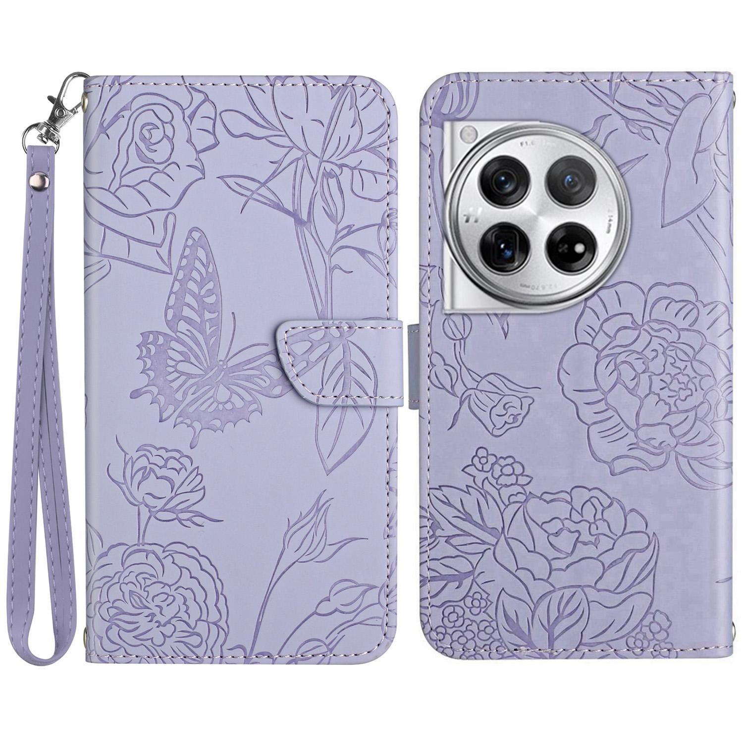 

HT03 For OnePlus 12R 5G/Ace 3 5G Phone Case Imprinted Leather Cover with Hand Strap Purple