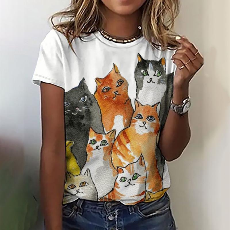 Summer Round Neck 3D Feather Animal Simplicity Print Top Fashionable Casual Short Sleeved Women's T-shirts