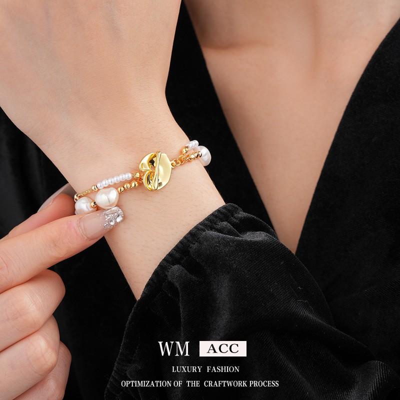 Elegant Gold Plated Double Layer Freshwater Pearl Bracelet Women French Vintage Style Irregular Geometric Design Chic