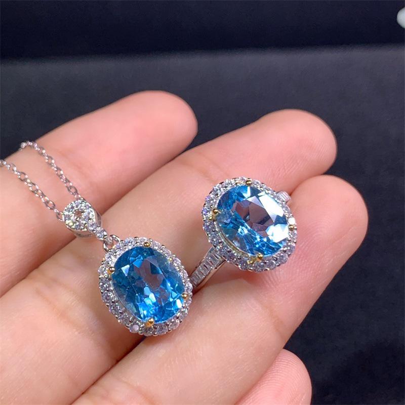 Trending Simulated Sea Blue Topaz Oval Ring and Pendant Necklace Set