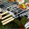 10pcs/set Wooden Handle Stainless Steel Barbecue  Stick Flat Barbecue Needle  Outdoor Picnic Camping