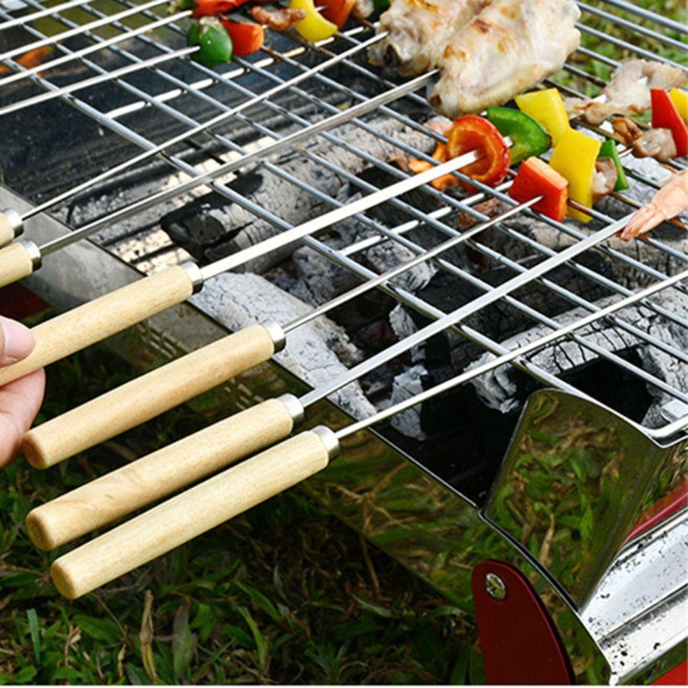 10pcs/set Wooden Handle Stainless Steel Barbecue  Stick Flat Barbecue Needle  Outdoor Picnic Camping