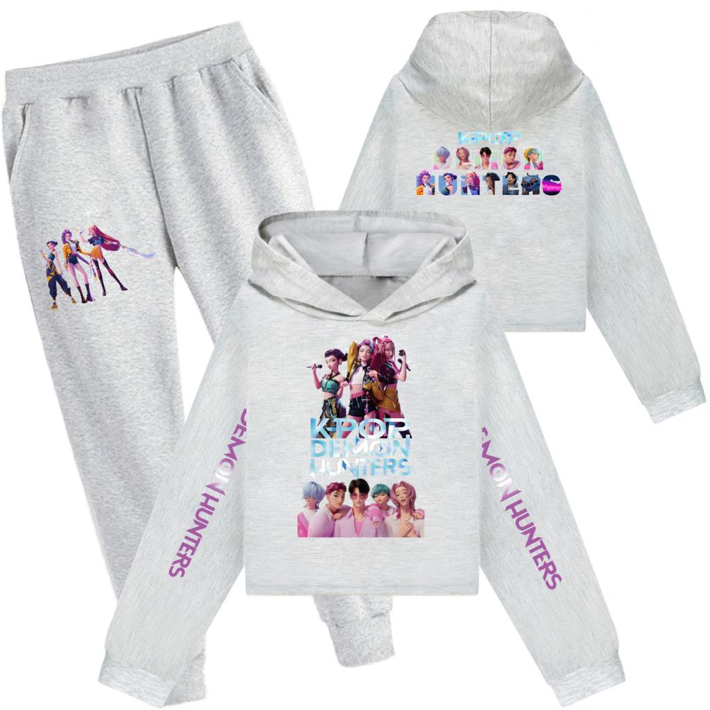 Girls Clothing Sets Kpop Witch Hunt Girls' Half Waist Short Hoodie Single and Double Sleeve Printed Casual Set