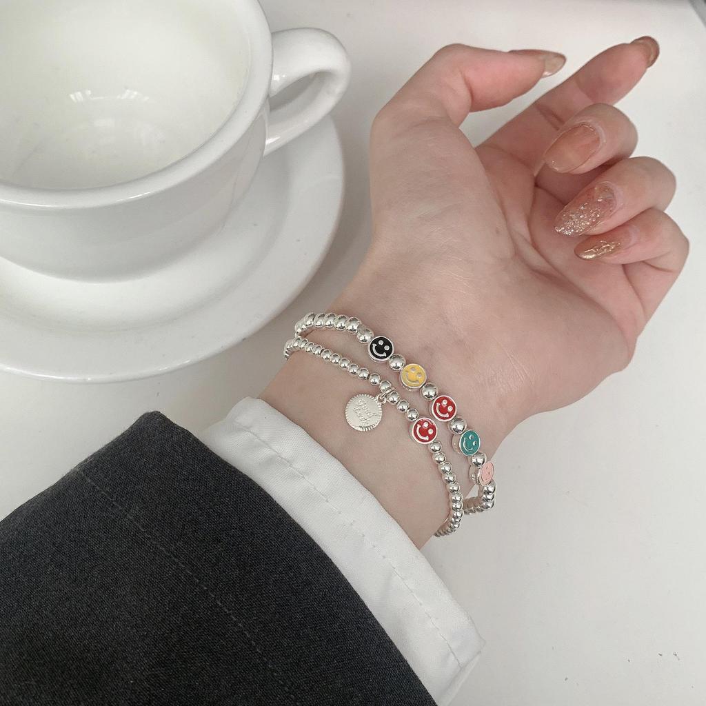 Pulseira de contas coloridas de smiley em prata S925 para mulheres - moderna, elegante e versátil
