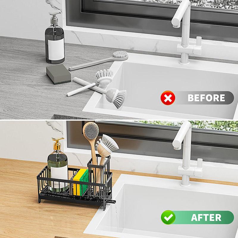 New Space Saving Kitchen Sink Rack Rustproof Self-Draining Sink Organizers Detachable with Dividers Sponge Holder Kitchen Use