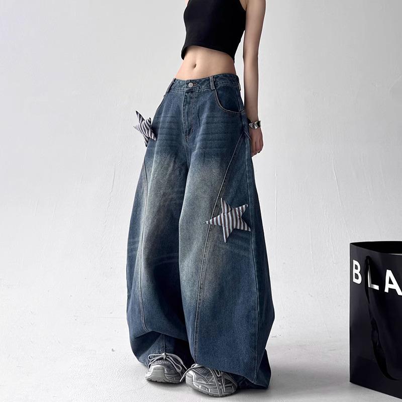 Women s 2025 Summer Retro Distressed Jeans with Star Patch Details Medium