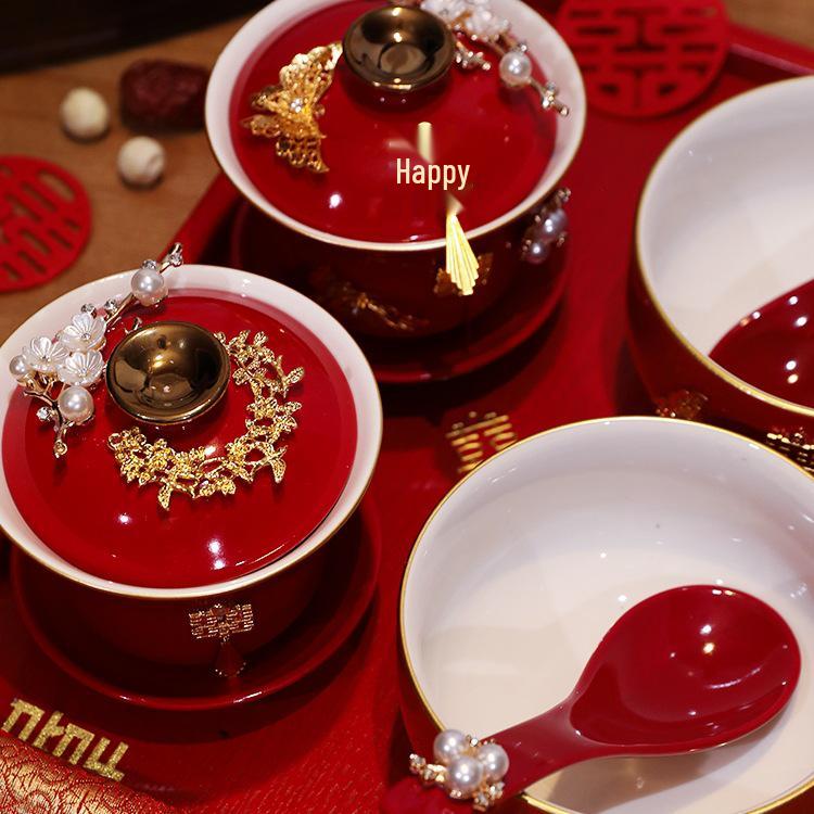 Wedding Tea Set: Red Bowls, Cups, and Chopsticks for Bride's Dowry