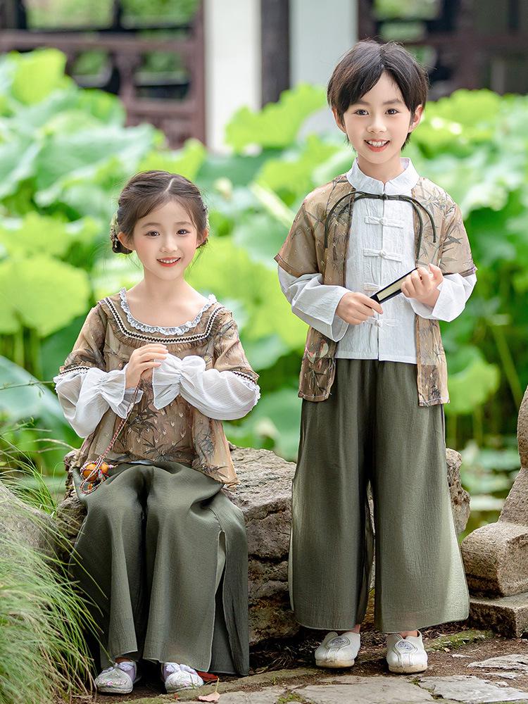 Kids' Traditional Bamboo Leaf Tang Suit Set - Long Sleeve Hanfu for Spring & Autumn 2025