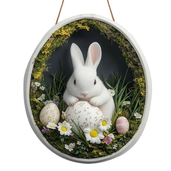 Easter Bunny Sign for Front Door Wooden Farmhouse Indoor Fireplace Window Hanging Wreaths Welcome Banner Decoration for Home Garden Fence