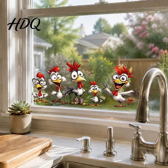 Durable Home Window Stickers Cartoon Rooster Static Glass Sticker Funny Roosters Clings PVC Removable Decorative Farmhouse Film Decal Waterproof