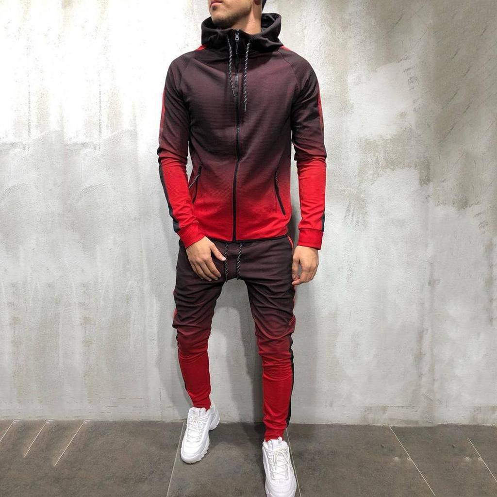 Men's Spring &  Round Neck Hooded Colour Blocking Cardigan Sweatshirt Suit
