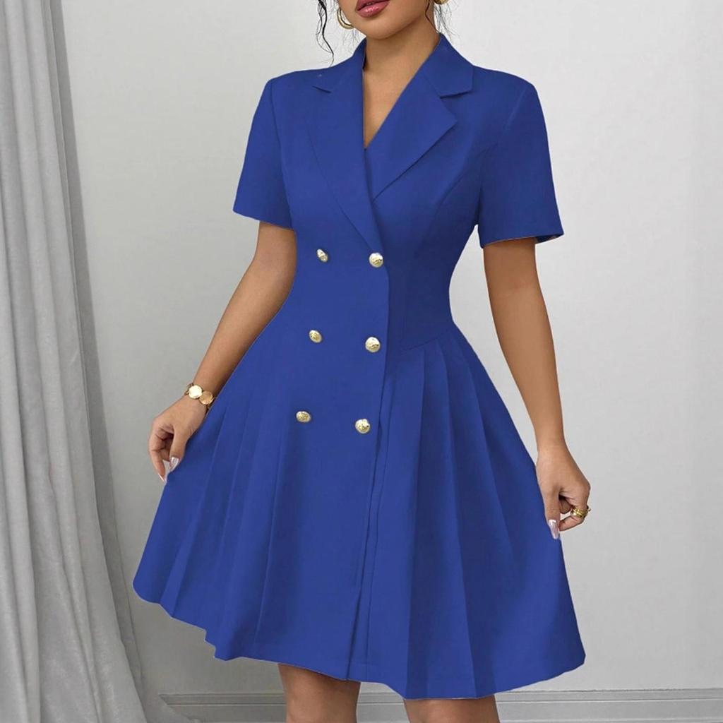 Ladies V-neck Fashion Color Double-breasted Waist Short Sleeve Dress