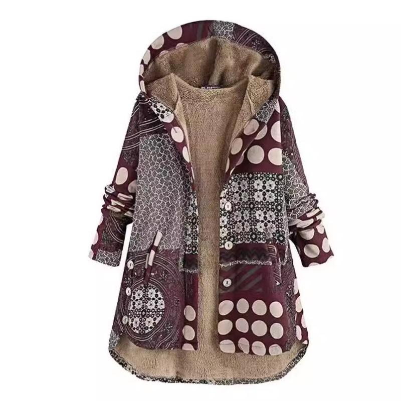 Women Casual Outwear Winter Warm Retro Printed Pockets Zipper Hooded Thicker Coat Plus Size