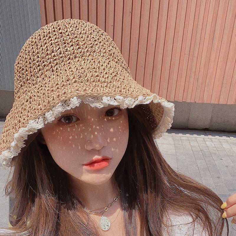 Lace Straw Hat for Women, Japanese-style Fresh and Delicate Lace Beach Hat, Summer Korean Version Versatile Sun-shading Straw Fisherman Hat, Trendy