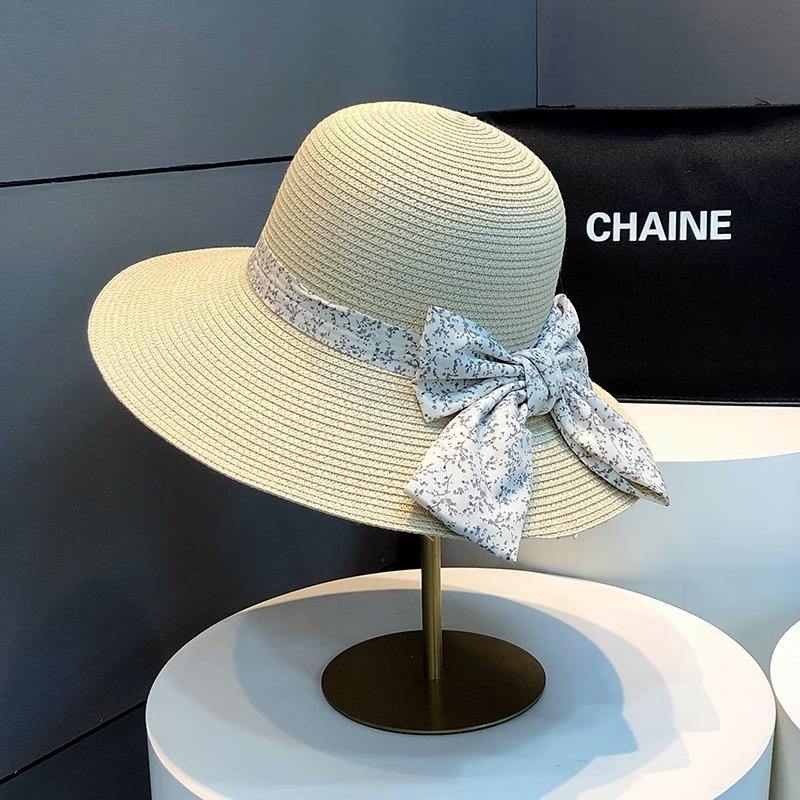 Hepburn style straw hat seaside vacation sun hat summer straw braided big brim temperament bow sun hat women's