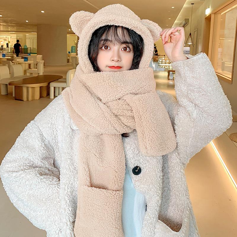 Bear Ear Hat for Women In Autumn and Winter Versatile Cute Scarf with Hooded Korean Style Ear Protection and Warm Couple