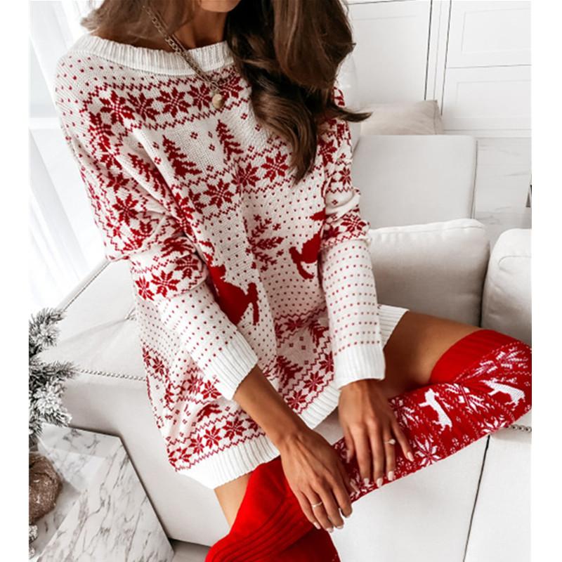 Damen S Lockerer Langarm Strickpullover Weihnachtsmuster