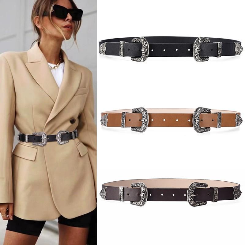 New European and American Vintage Belt, Versatile and Fashionable, Carved Double Buckle Decoration, Jeans Belt for Men and Women