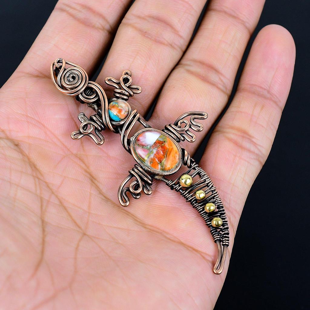 Orange Spiny Oyster Pendant, 999 Copper Wire Wrapped Gemstone Jewelry, Handmade Pendant Amazing Jewelry, Gift For Her