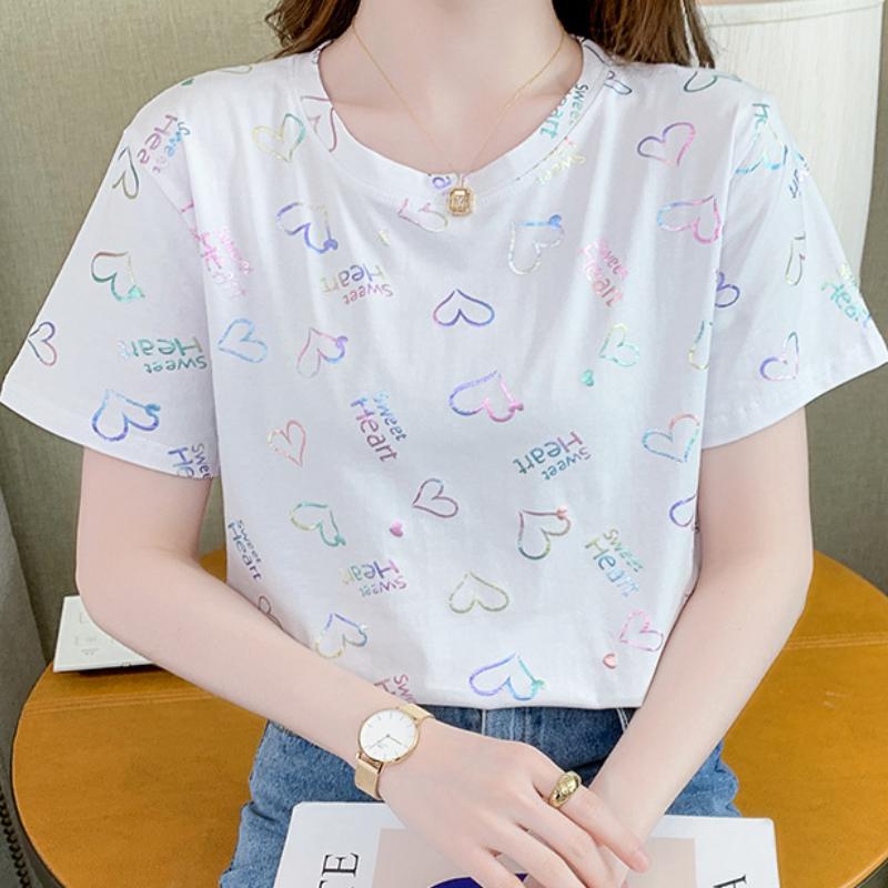 JKASHDK Women's Fashion Casual Summer Spring Love Letter Print Short Sleeve O-Neck Blouses & Shirts