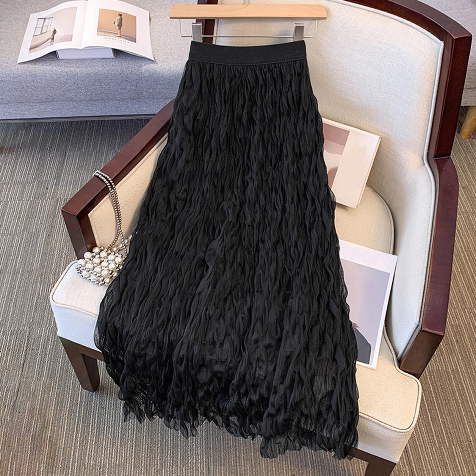 Women s Fashionable Color Elastic Waist Pleated High Waist A-line Loose Half Skirt L чёрный