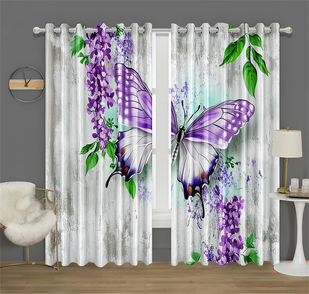 Fleur de Glycine Papillon Décor de Cuisine Rideau Fond Style Mur Feuille Verte Convient Décor Salon Chambre 2 Panneaux