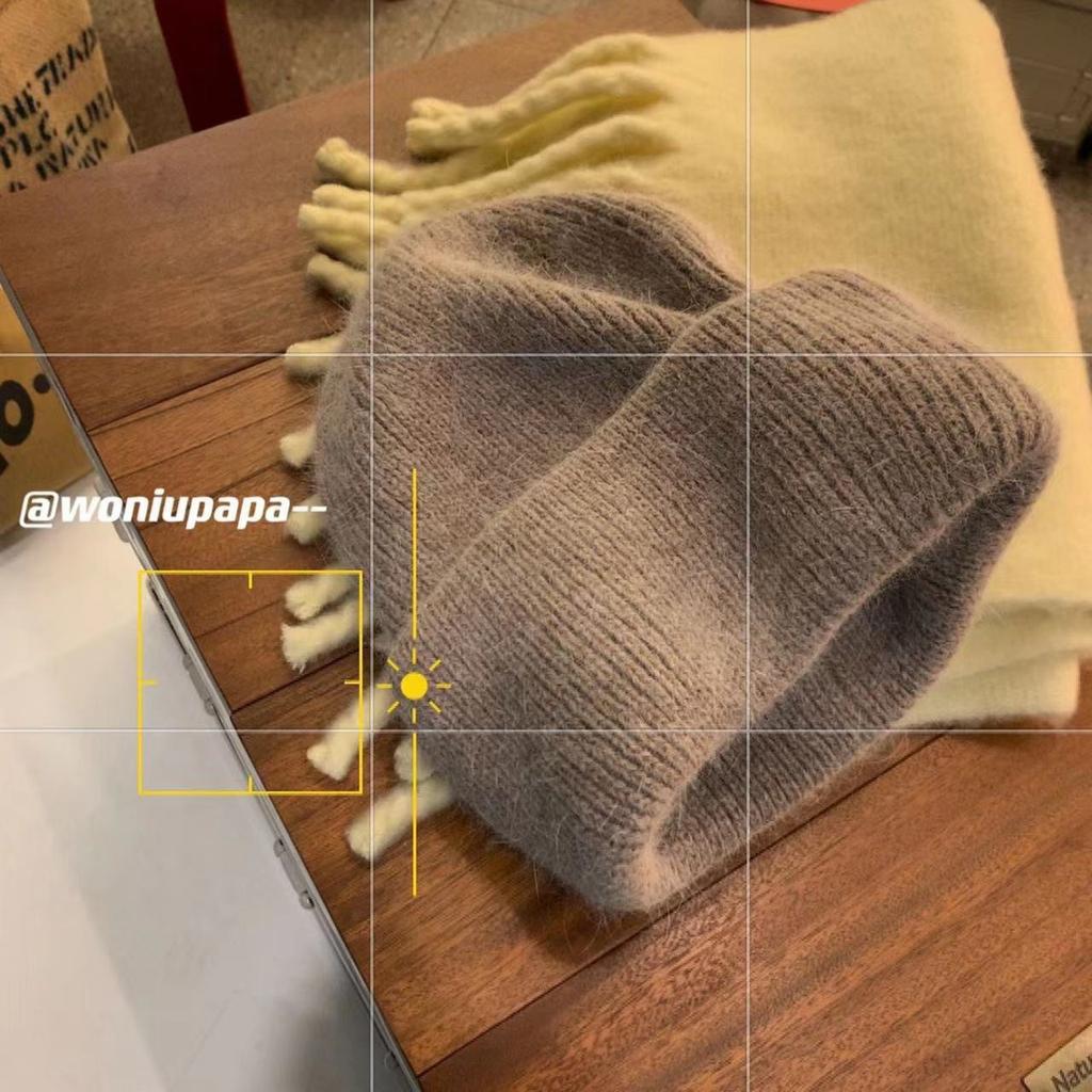 Internet celebrity Angola rabbit hair solid color light board autumn and winter versatile candy color vertical stripe outdoor warm knitted hat women