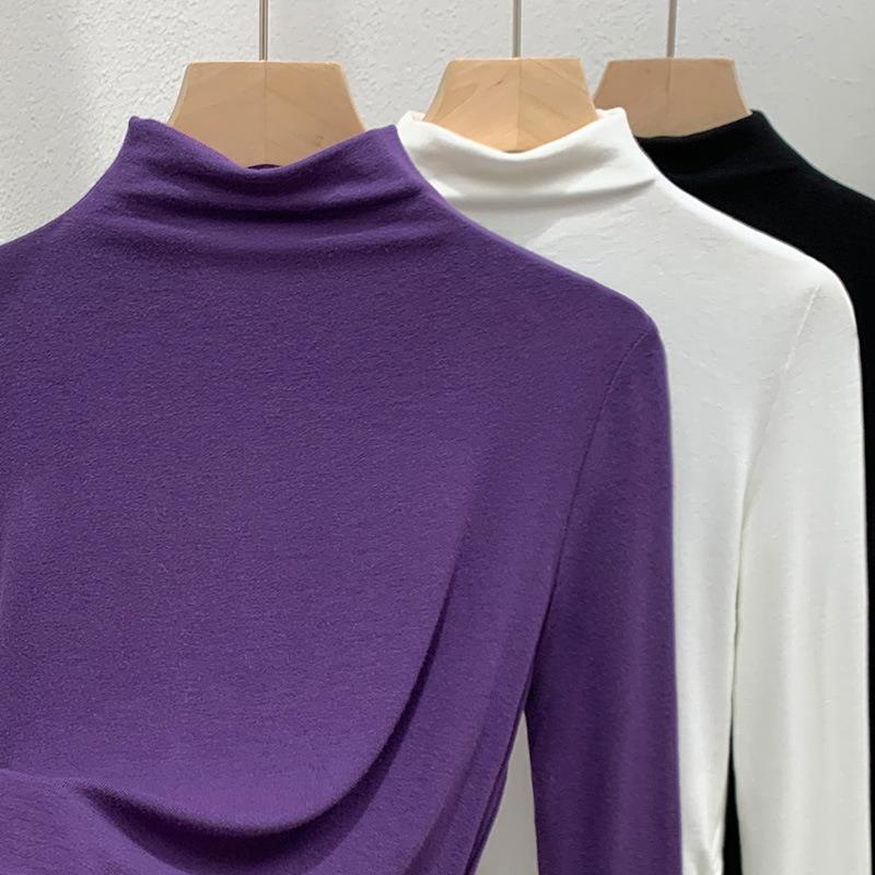 Semi-turtleneck Bottoming Shirt Women's Autumn and Winter New Women's Clothing Design Sense Long-sleeved Inner Shirt Pleated Waist Top