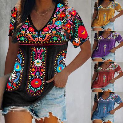 Top de verano para mujer en Amazon en Europa y América, camiseta de manga corta con cuello en V con estampado bohemio para mujer