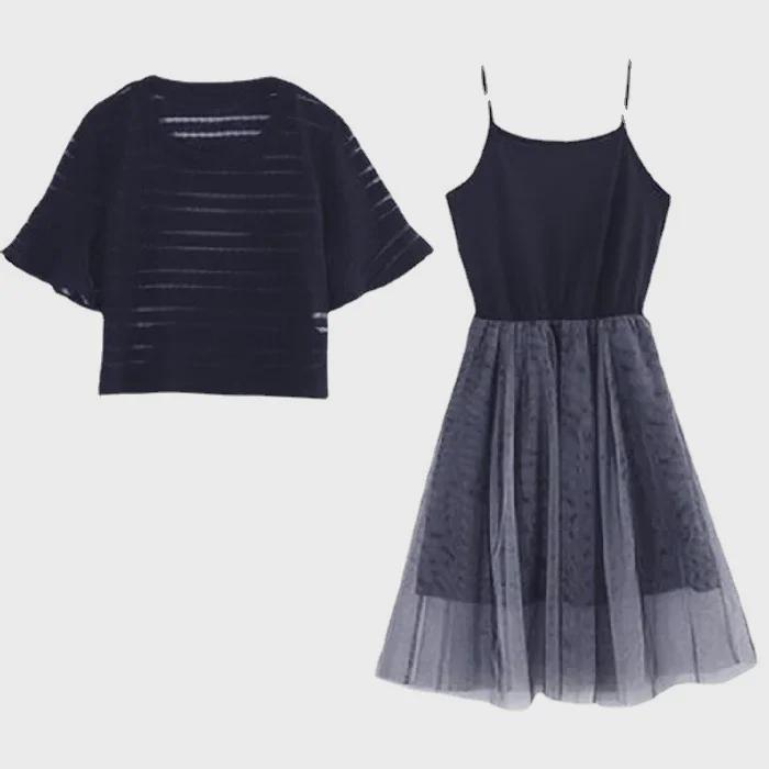 Summer 2023 Plus Size Mesh Suspender Skirt Set for Women - Waist Slimming, Two-Piece Dress